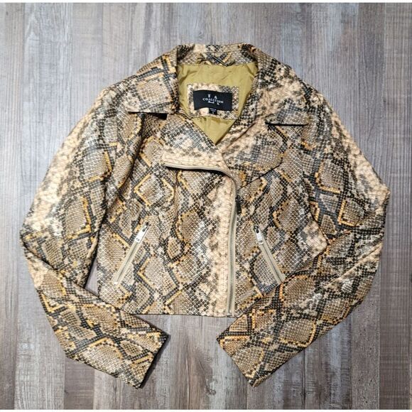 LA Coalition Jacket Womens Small Snakeskin Print Faux Leather Cropped Moto Zip - Picture 1 of 8